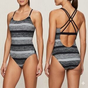 RBX Womens One Piece Swimsuit Large Black Grey Space Dye Striped Strappy Back